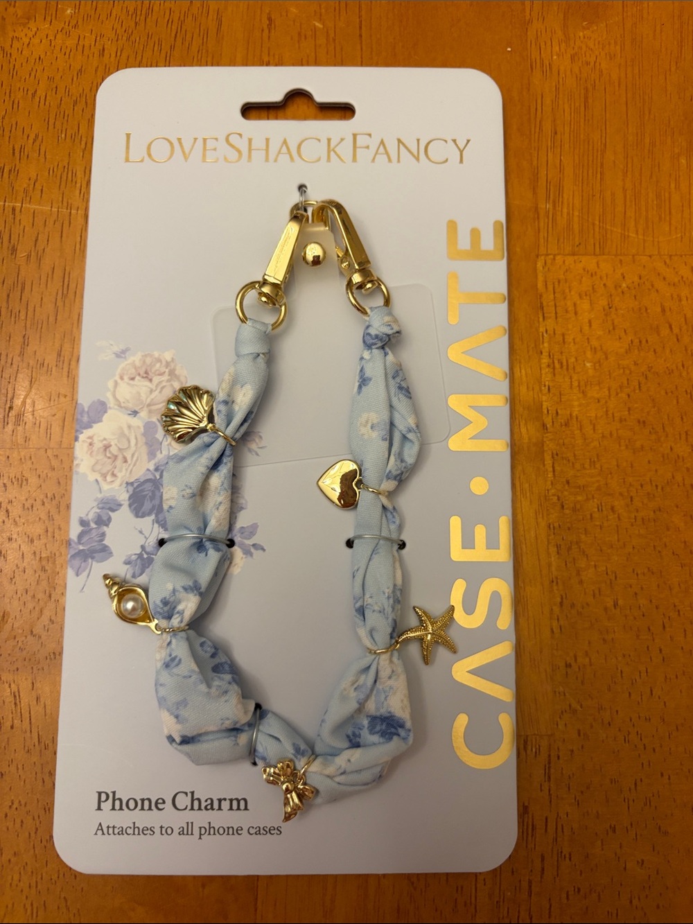 LoveShackFancy Light Blue Floral Phone Charm with Gold Accents